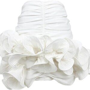 White Party Assymetric 3D Ruffle Pleated Flounce Hem Ruched Bodycon Mini Skirt M